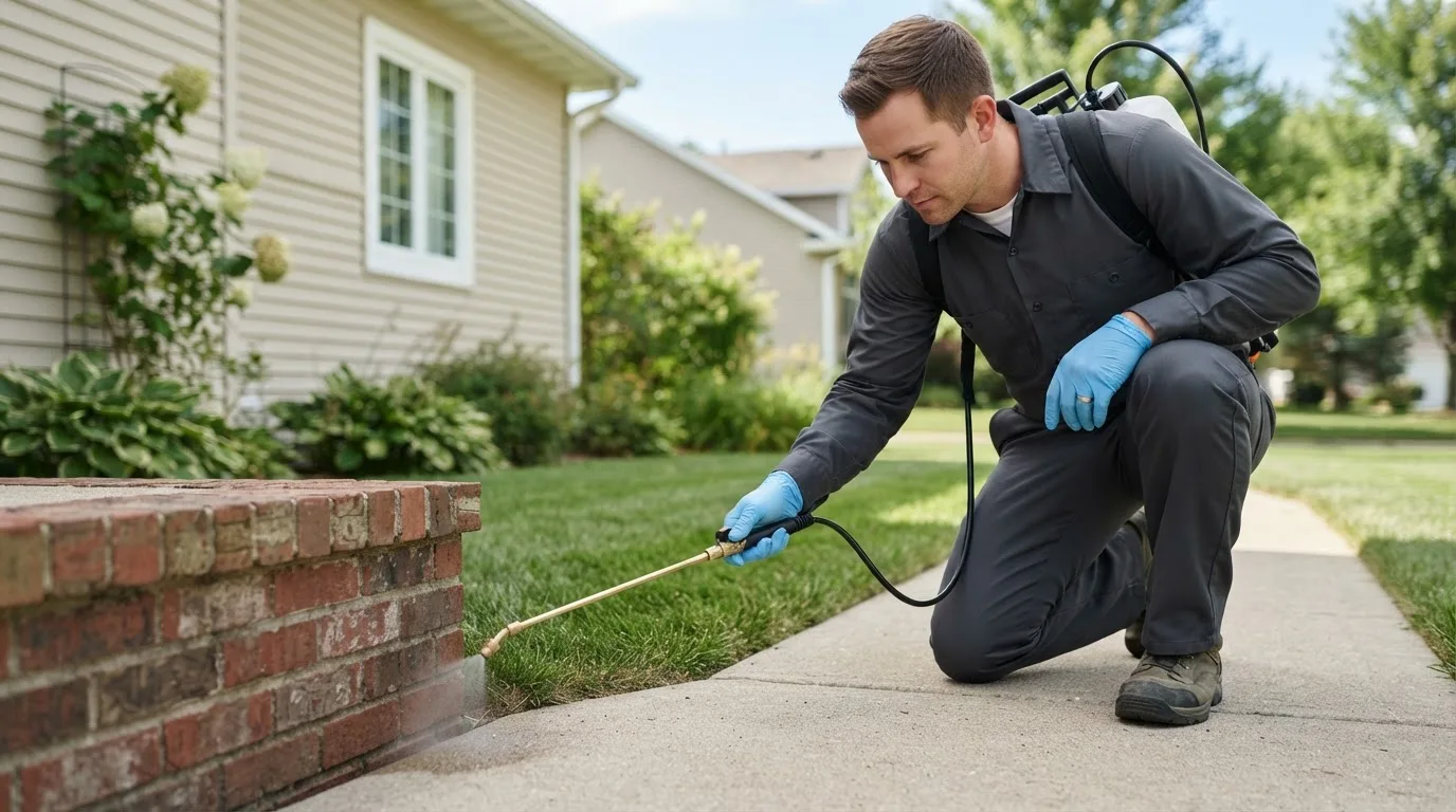 Pest control technician treating a home near Clyde Park, MT